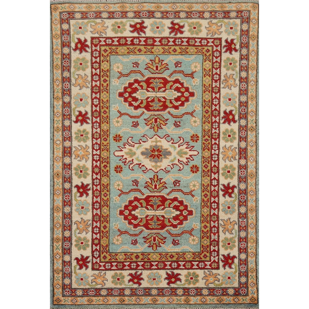 Turquoise Kazak Oriental Accent Rug Hand-Knotted Wool Carpet - 2'7" x 4'1"