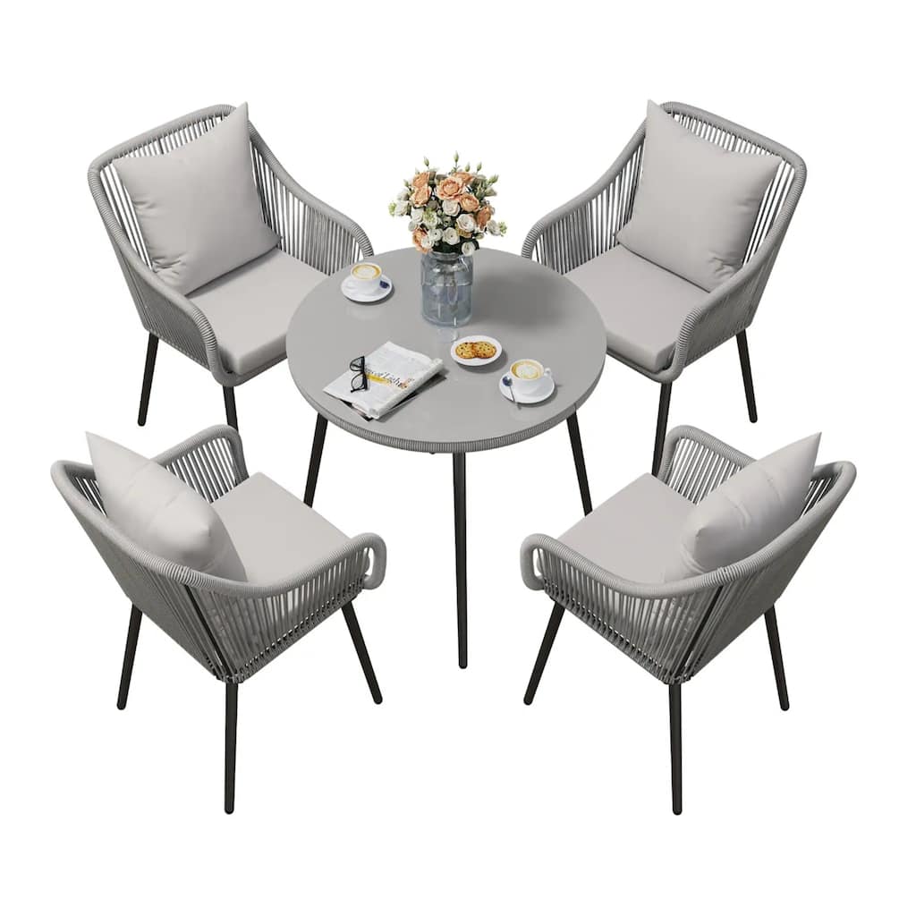 5-Piece Twisted Rattan Patio Dining Table Set with Umbrella Hole