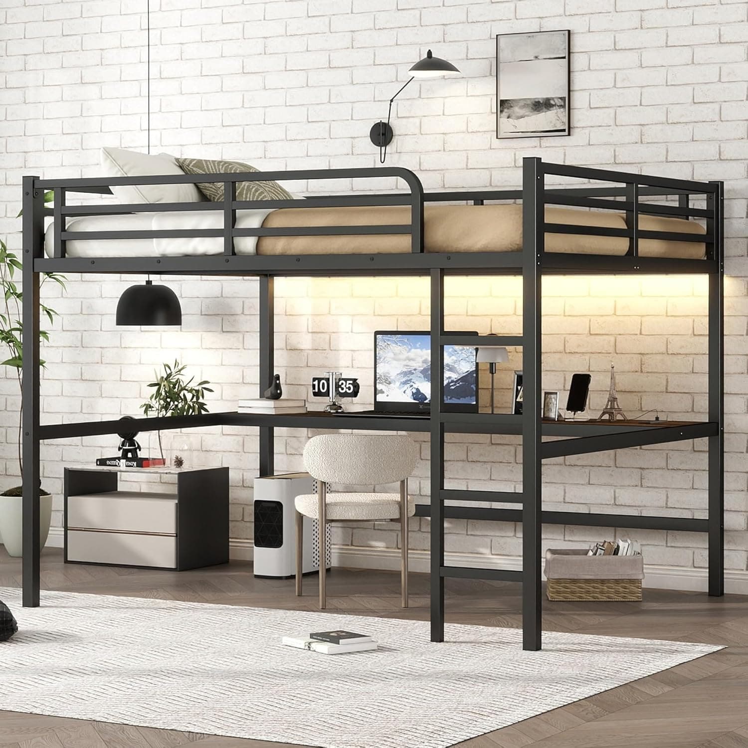 Queen Size Metal Loft Bed with Desk, USB Charging, LED Light, Sturdy Frame, Easy Assembly