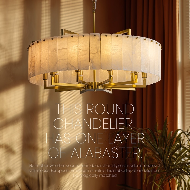 SILJOY 32-Inch Modern 8-Light Round Gold Brass Chandelier with Marble Alabaster Drum Pendant Ceiling Light with Adjustable Chain