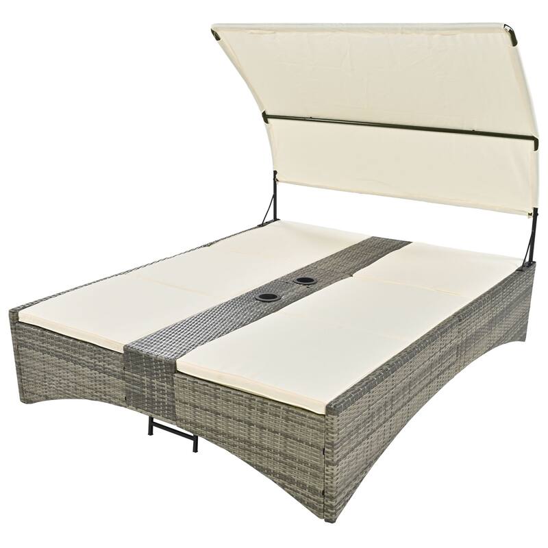 Outdoor Patio Rattan Daybed Sunbed with Canopy and Adjustable Backrest, Storage Box and 2 Cup Holders