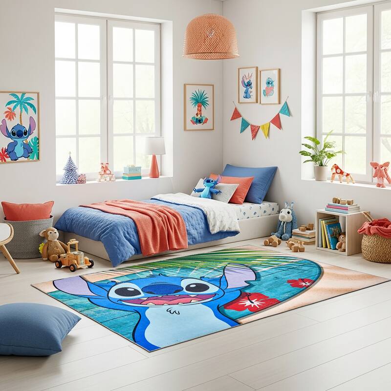 Licensed Disney Stitch Modern Hawaiian Character Printed Flannel Non-Slip Washable Indoor Kids Area Rug, 54"x78" - 4'6"x6'6" - Stitch Summer