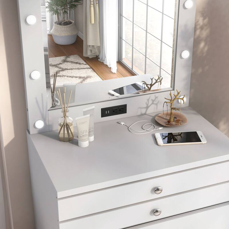Furniture of America Mary Hollywood Glam Makeup Vanity Chest and Mirror with USBs & Outlets