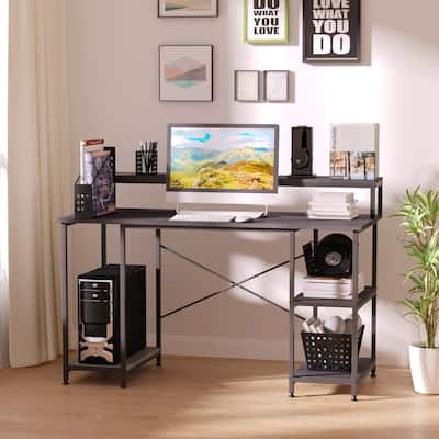HOMCOM 55 Inch Home Office Computer Desk Study Writing Workstation with Storage Shelves, Elevated Monitor Shelf, CPU Stand