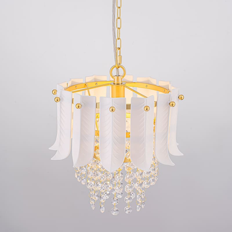 Brushed Gold Crystal Pendant Light with White Ceramic Shades Dining - Dia.9.84-in