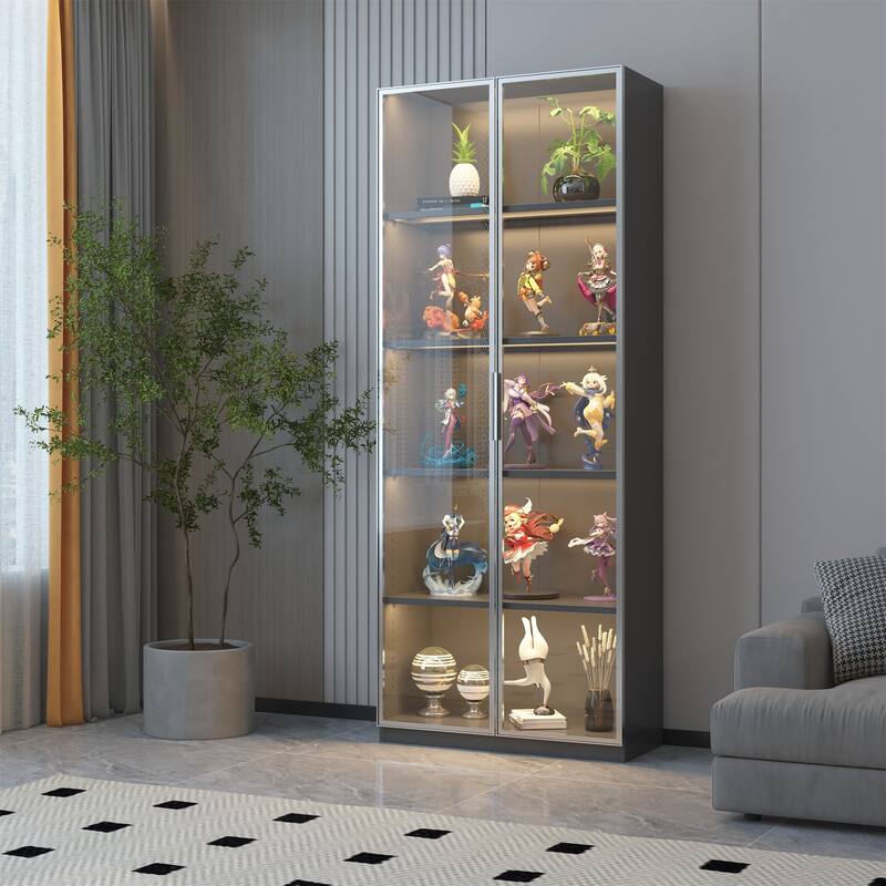 Double Door Metal Glass Display Storage Cabinet - Grey