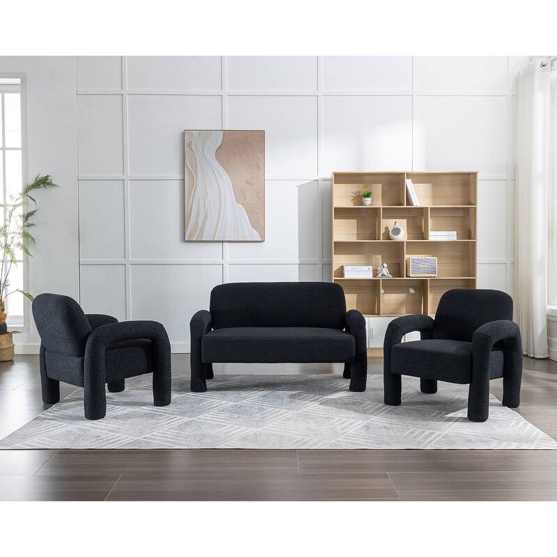 SEYNAR Mid-Century Modern Boucle 51'' Solid Wood Curved Sofa Set of 3 with Accent chair