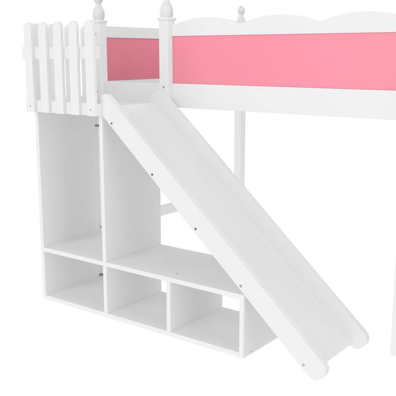 Fun Play Loft Bed for Kids with Open Shelves and Wardrobe, Solid Wood Storage Bed Frame with with Detachable Slide and Ladder