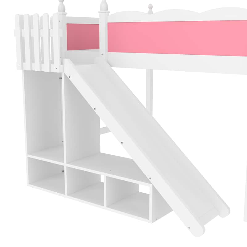 Queen/Full Size Solid Wood Loft Bed with Slide, Storage Shelves, Cabinet, Ladder & Play Area, No Box Spring Needed