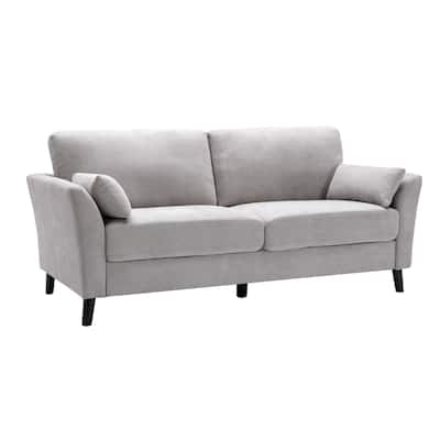 Otto 77 Inch Sofa, Throw Pillows, Padded Cushions, Light Gray Velvet Fabric