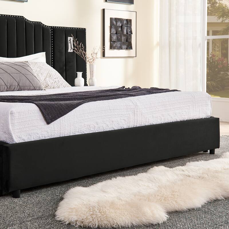 King/Queen Velvet Bed Frame with Vertical Stitch Headboard & Side Table