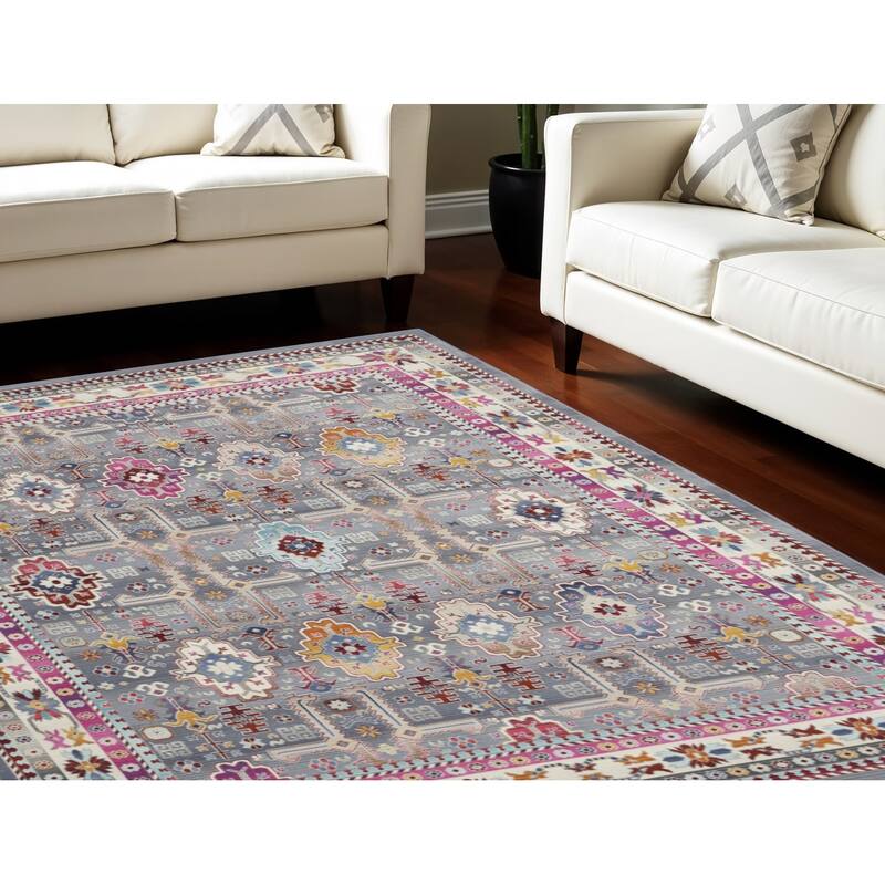 HomeRootsFloral Bohemian Rectangle Area Rug - 118' X '94' X '0.5 - 118' X '94' X '0.5 - Pink/Ivory/Gray