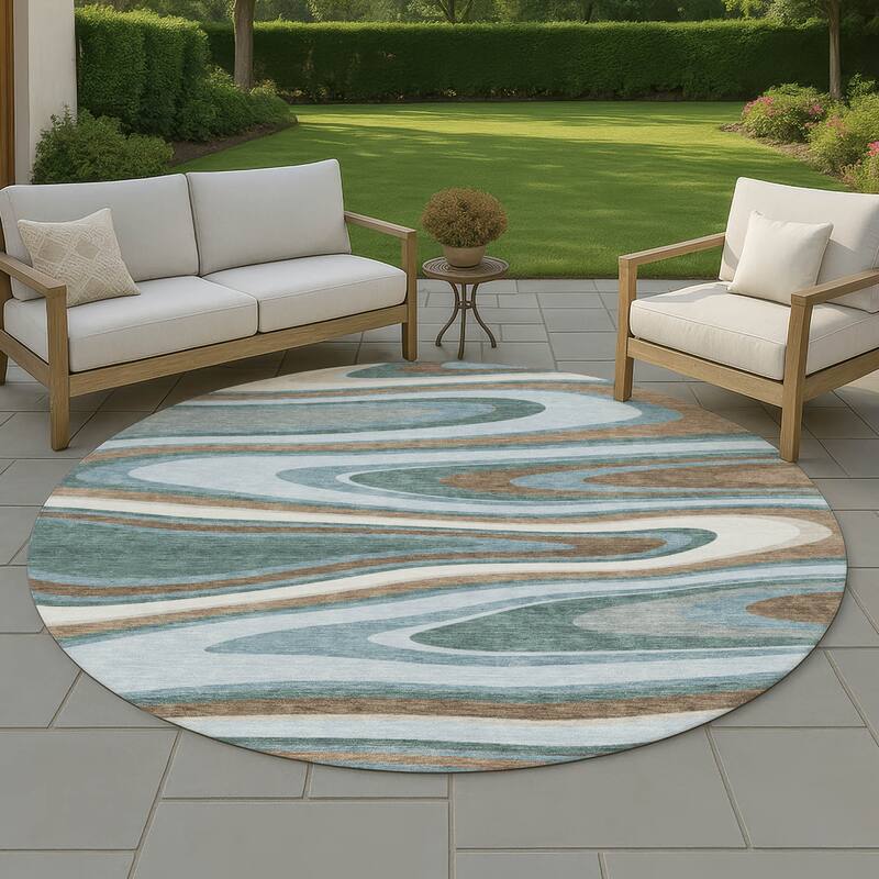 Machine Washable Indoor/ Outdoor Abstract Busey Chantille Rug - Teal - 8' x 8'
