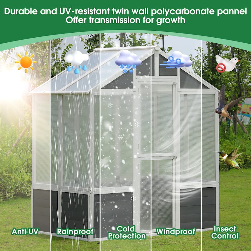 Greenhouse, Wooden Greenhouse Polycarbonate Garden Shed for Plants, Grow House with Front Entry Door