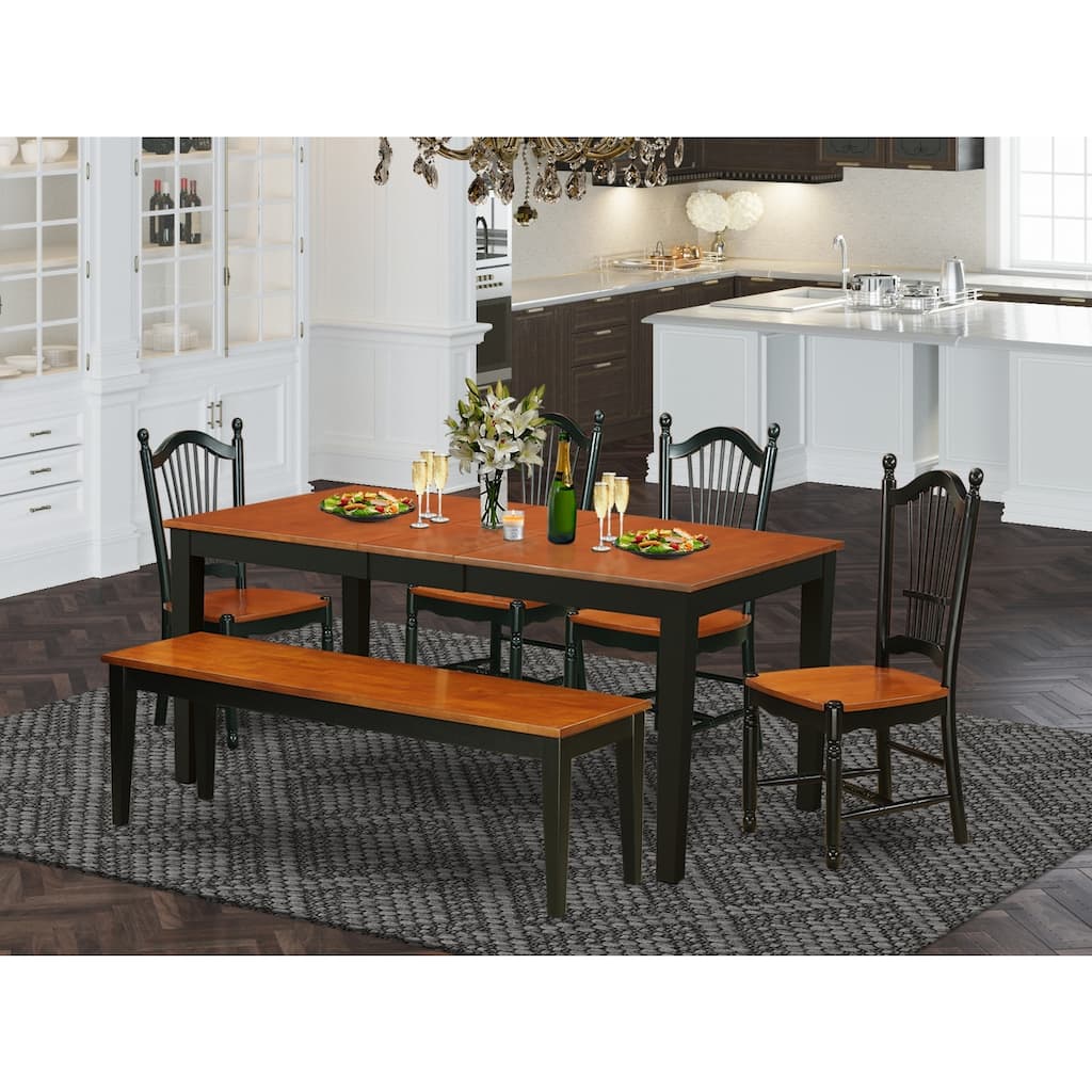 HomeStock 6-Piece Rectangle Black and Cherry Finish Solid Wood Top Dining Table with 1 Bench, 4 Chairs with Lattice Back