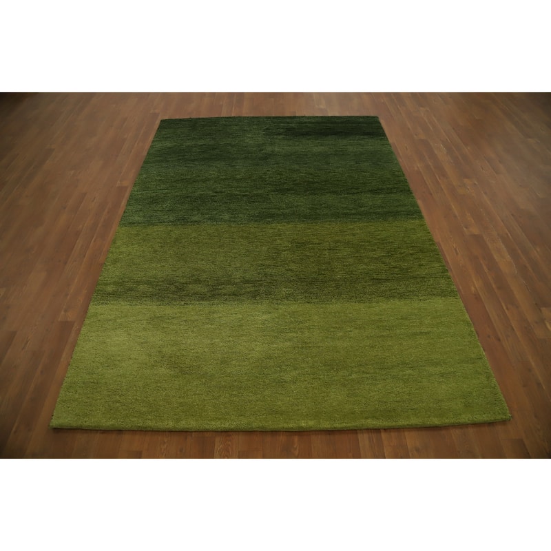 Hand Knotted Oriental 100% Wool Carpet Modern Stripe Green Gabbeh Area Rug - 7' 8'' X 5' 6''