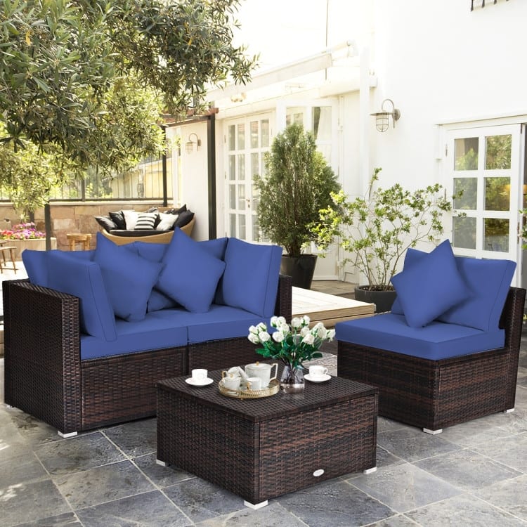 4 Pieces Patio Rattan Furniture Set with Removable Cushions and Pillows - Corner Sofa: 29" x 29" x 25"