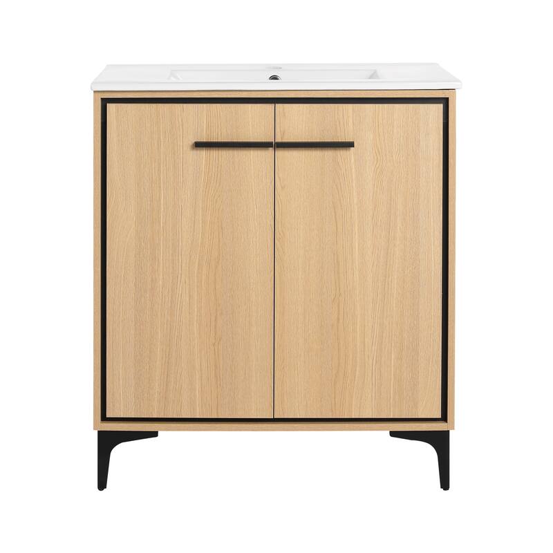 GDFStudio - Denton Modern Freestanding Bathroom Vanity Cabinet with Ceramic Sink, Soft Close Doors & Metal Tripod - 30"
