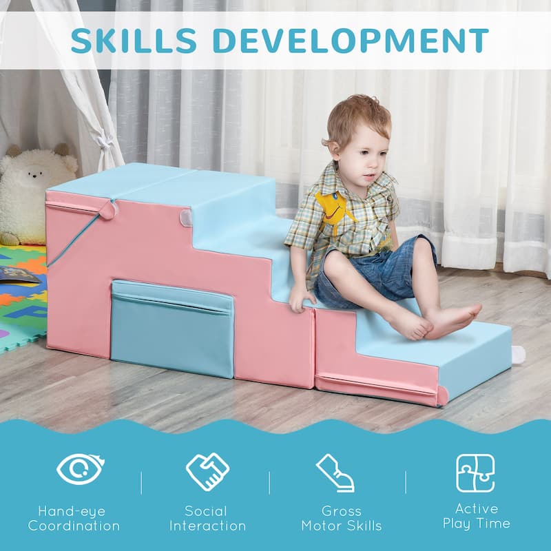 2-in-1 Kids Soft Play Set for Toddlers Ages 1-3 Climbing Crawling Sliding Table Chair PU Foam Pink Blue - N/A