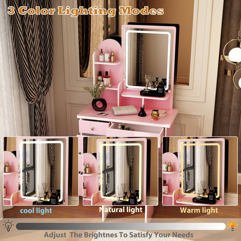 Vanity Desk with LED Lighted Mirror, Makeup Vanity Table with Drawers, Shelves and Stool