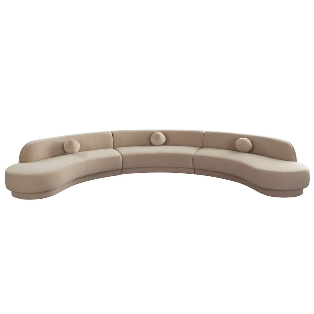 Zema 3 Piece Sofa, Curved Modular Design, Camel Brown Fabric, 3 Ball Pillows