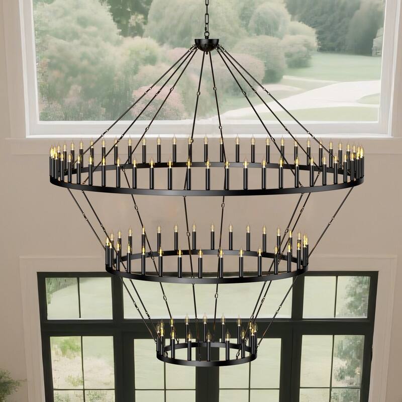 Large Wagon Wheel Chandelier,Round High Ceiling Chandeliers - 104 Lights