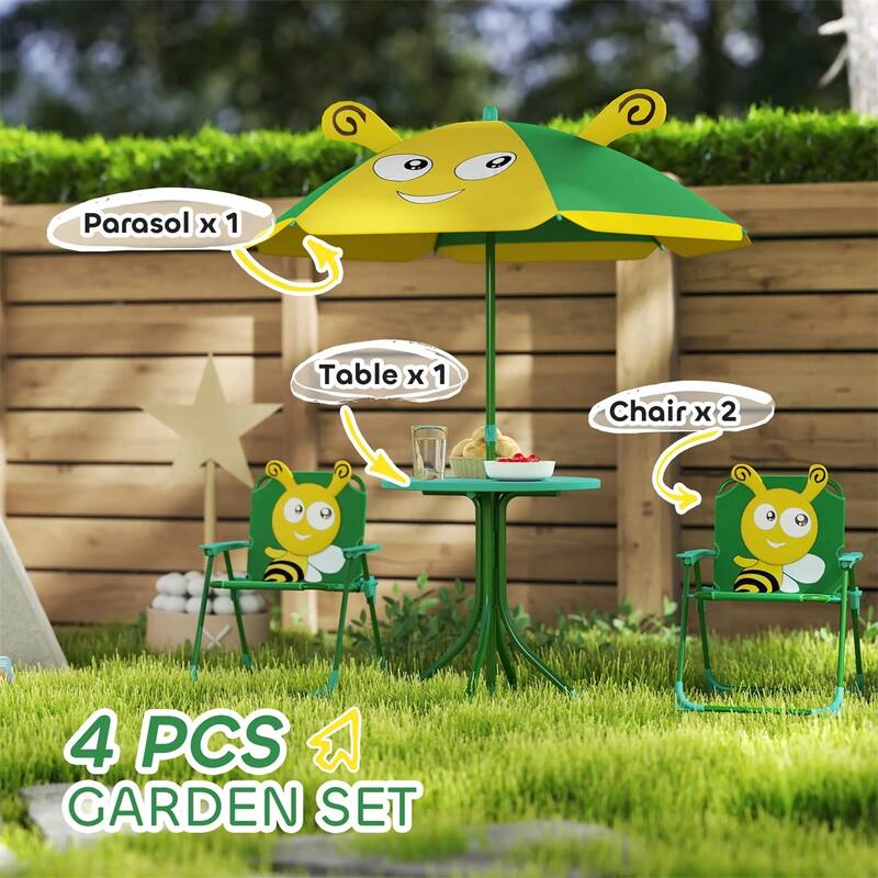 Kids Outdoor Picnic Table and Chair Set with Adjustable Umbrella Lion Pattern Foldable Table and Chairs for Ages 2-5