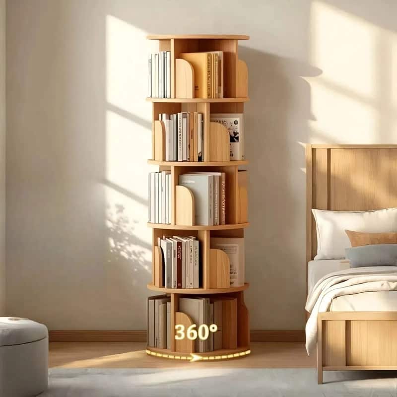 Rotating Bookshelf, 360 Display 5 Tier, Floor Standing Bookcase Storage Rack, Wood Narrow Book Shelf Organizer