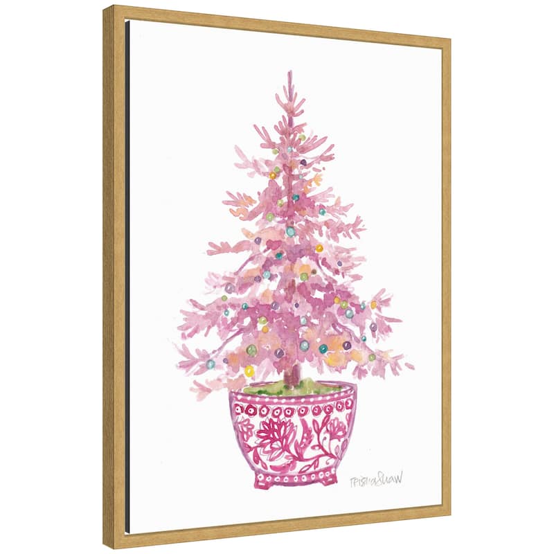 Kate and Laurel Sylvie Framed Canvas Pink Christmas Tree by Patricia Shaw - Yellow
