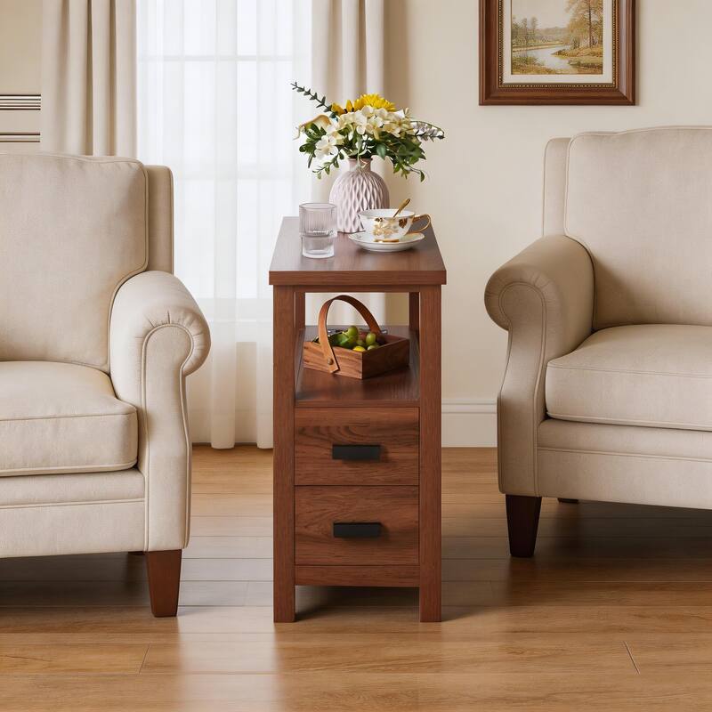 End Table with Charging Station,Side Tables with USB Ports & Outlets,Side Table with 2 Drawers, Small Wood Bedside Table