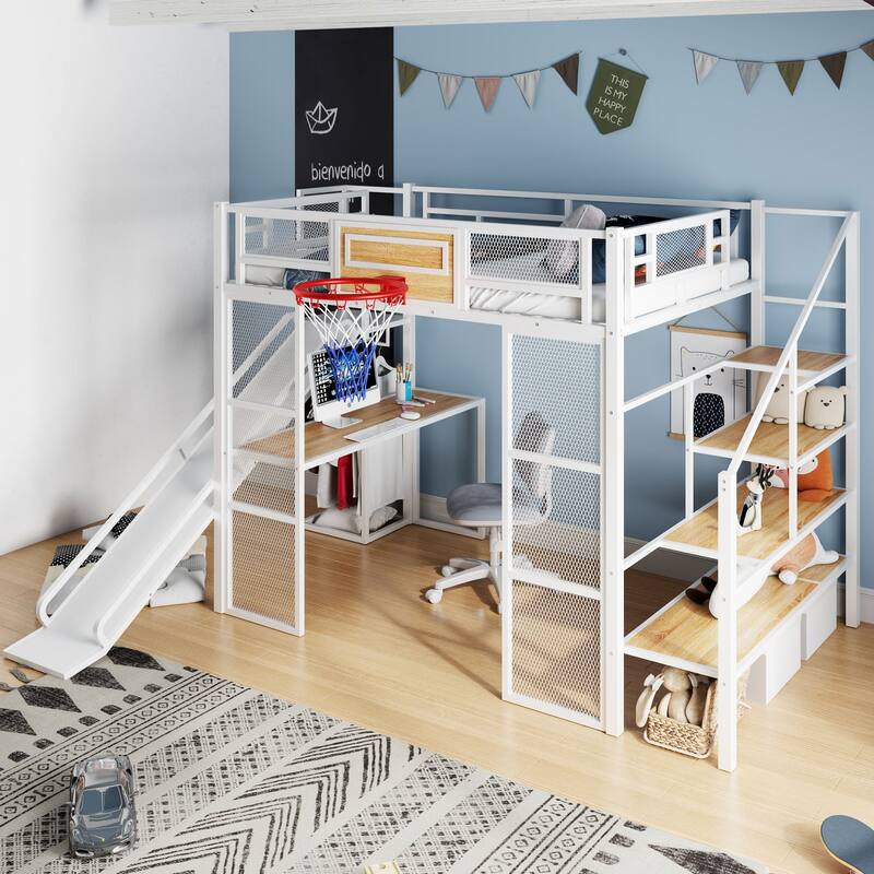 Full Size Loft Bed w/Desk,Wardrobe,Basketball Hoop,Slide,Staircase - White