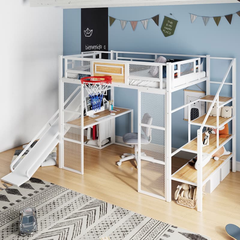 Roomfitters Full Metal Loft Bed with Desk, Slide, Staircase, Open Wardrobe and Basketball Hoop, White