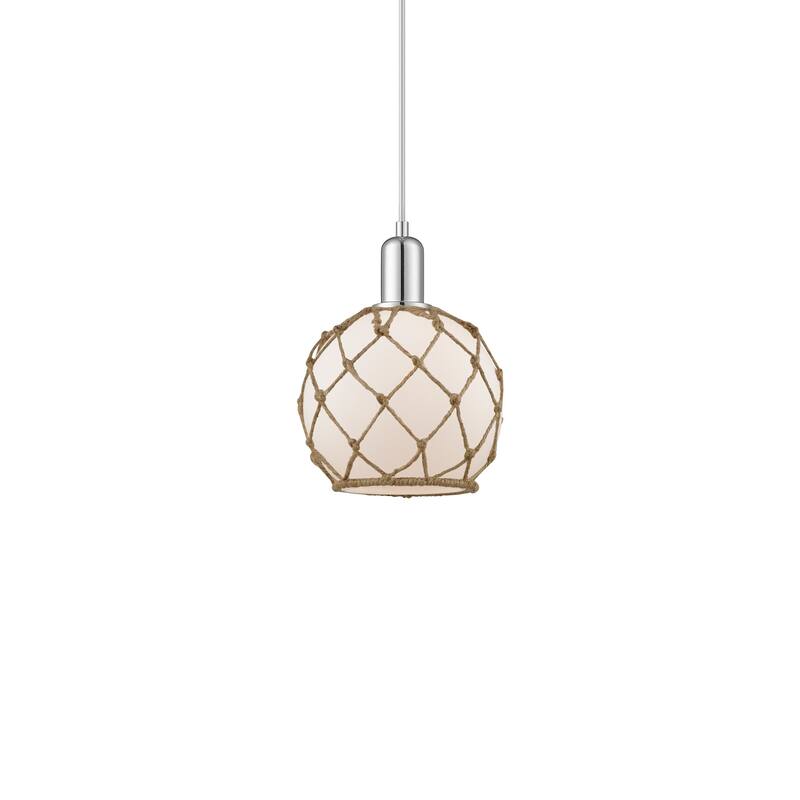 Innovations Lighting 716-1P-11-8 Farmhouse Rope Pendant Farmhouse Rope - Polished Chrome / White Glass with Brown Rope
