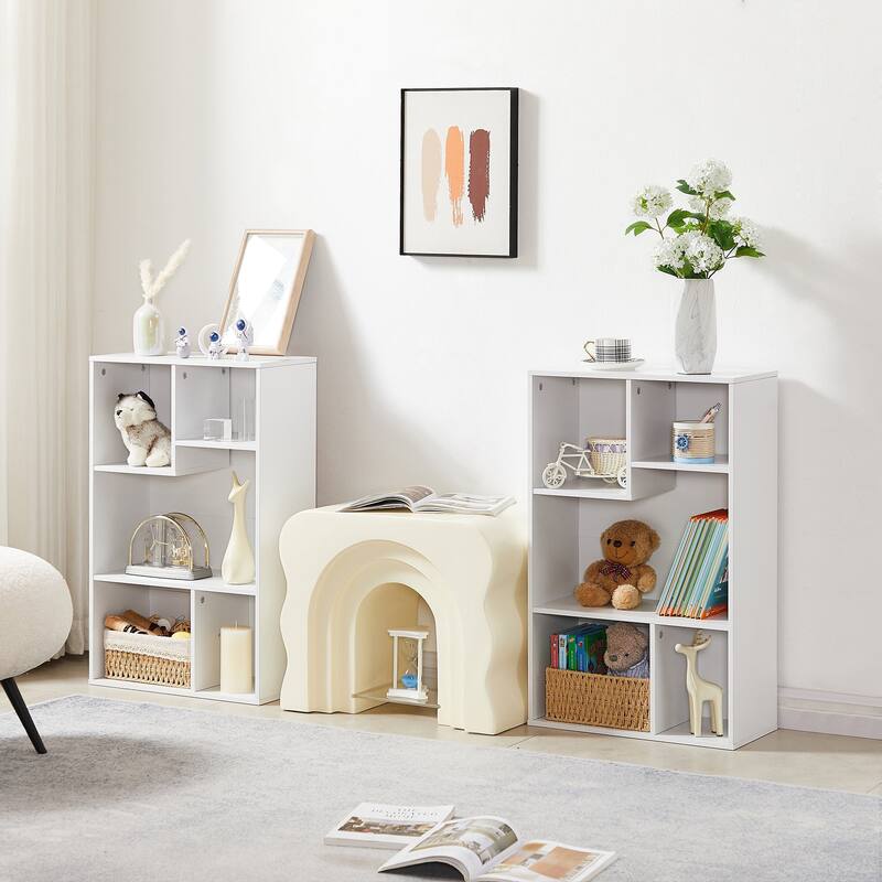 VECELO Widened Version Bookace(Set of 2), 3-Tier Five Open Cube Wooden Bookcase Organizer, Bookshelf