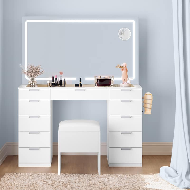 Makeup Table 11 Drawers Vanity Desk LED Lighted Mirror Glass Tabletop Bedroom - 46"L X 15.7"W X 55.9"H - White
