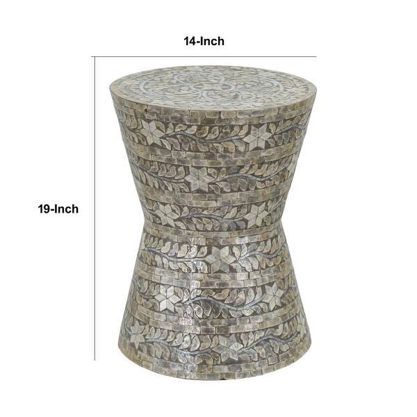 19 Inch Luxury Accent Table Stool, Star Foliage Pattern, Gray and Brown