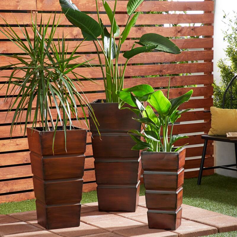 Brown Metal Light Weight Indoor Outdoor Planter with Tapered Base and Fluted Design (Set of 3) - Brown