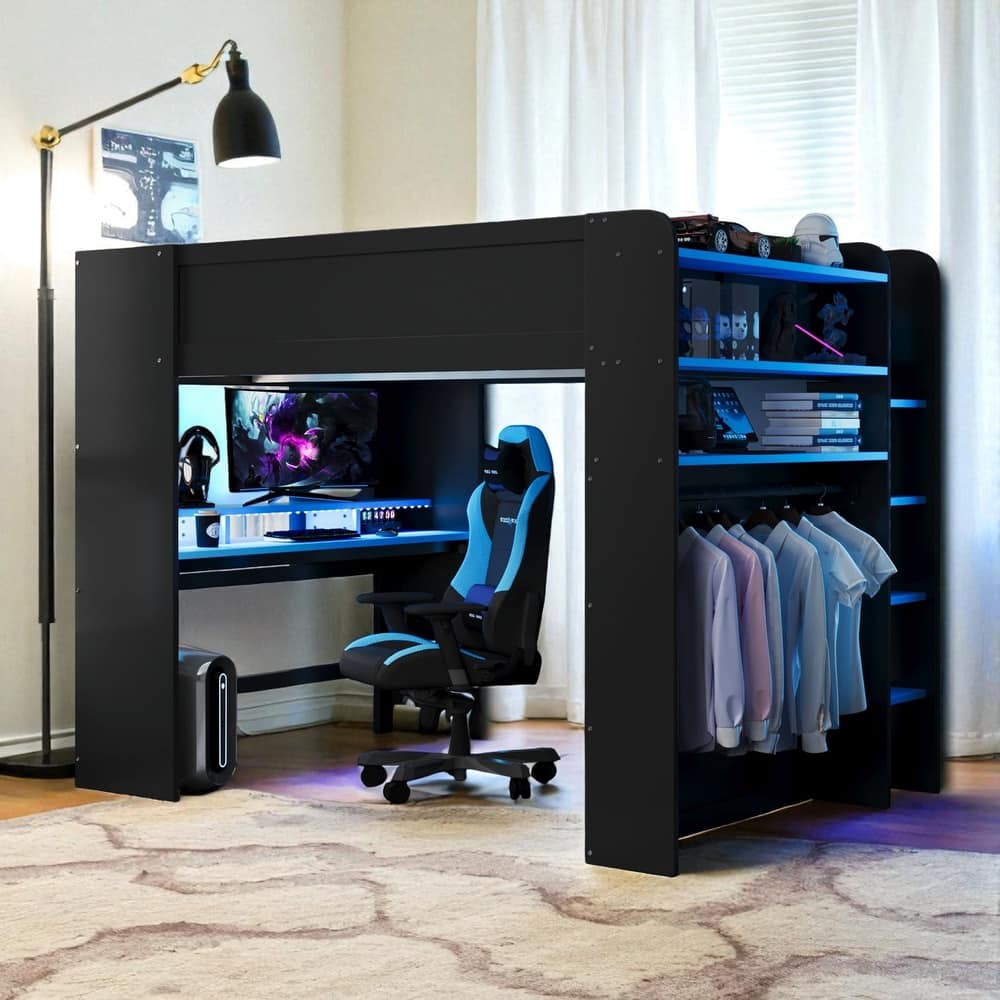 Full Size Wooden Bunk Bed with Adjustable Desk, Wardrobe Storage, USB & RGB Gaming Lights