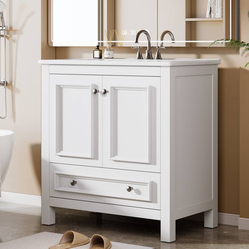 30 Inches Modern Bathroom Vanity Cabinet with Ceramic Basin & 1 Drawer