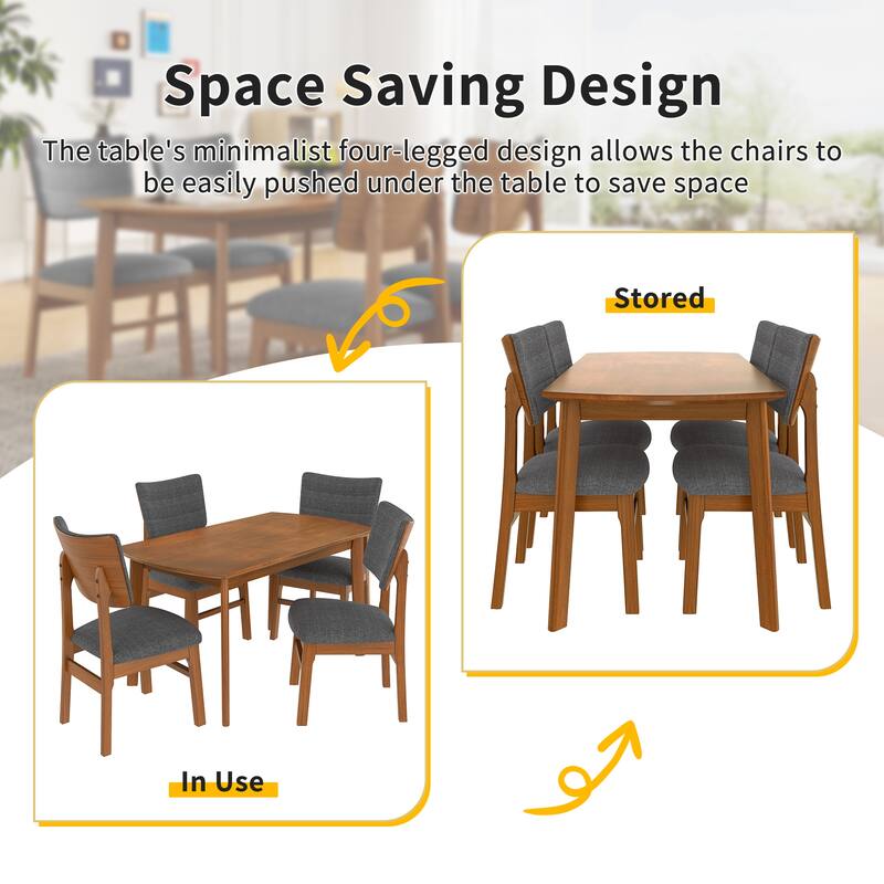 5 Piece Dining Table Set for 4, with Dining Table and 4 Upholstered Chairs, Rectangular Dining Table Set wIth Rubberwood Legs