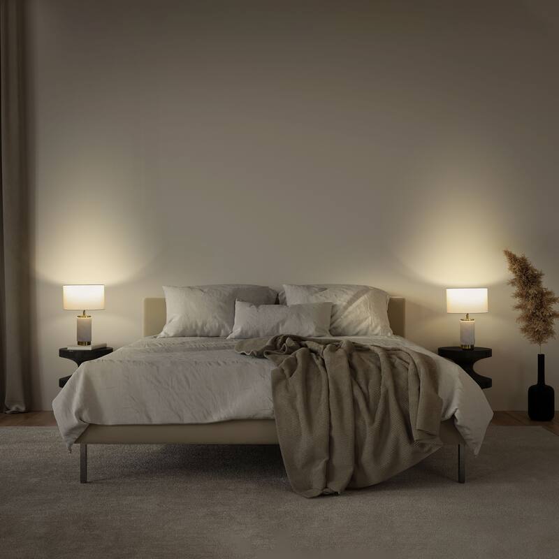 Brightech Arden 17 in. Marble Mid-Century Modern LED Table Lamp with Fabric Drum Shade and Built-In Charging Port