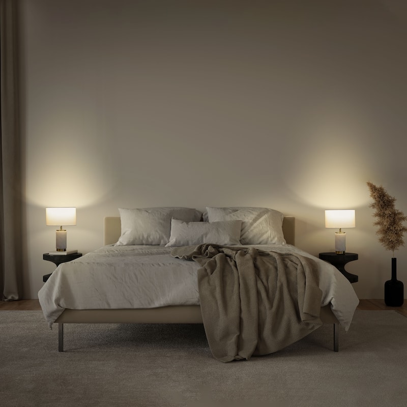 Brightech Arden 17 in. White Mid-Century Modern LED Standard Table Lamp with White Fabric Drum Shade and Built-In USB Port