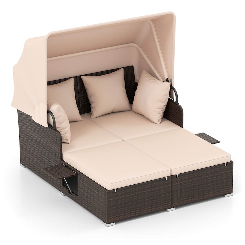 Costway Patio Rattan Daybed Lounge Retractable Top Canopy Side Tables - See Details