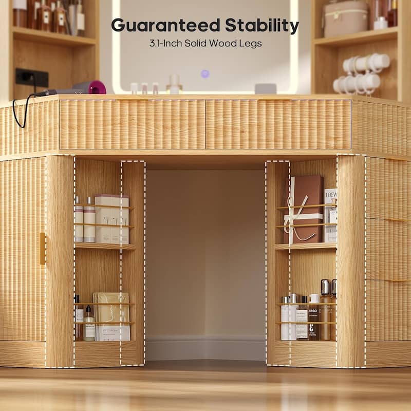 Corner Vanity Desk with Lighted Mirror Drawers Shelves Storage Stool