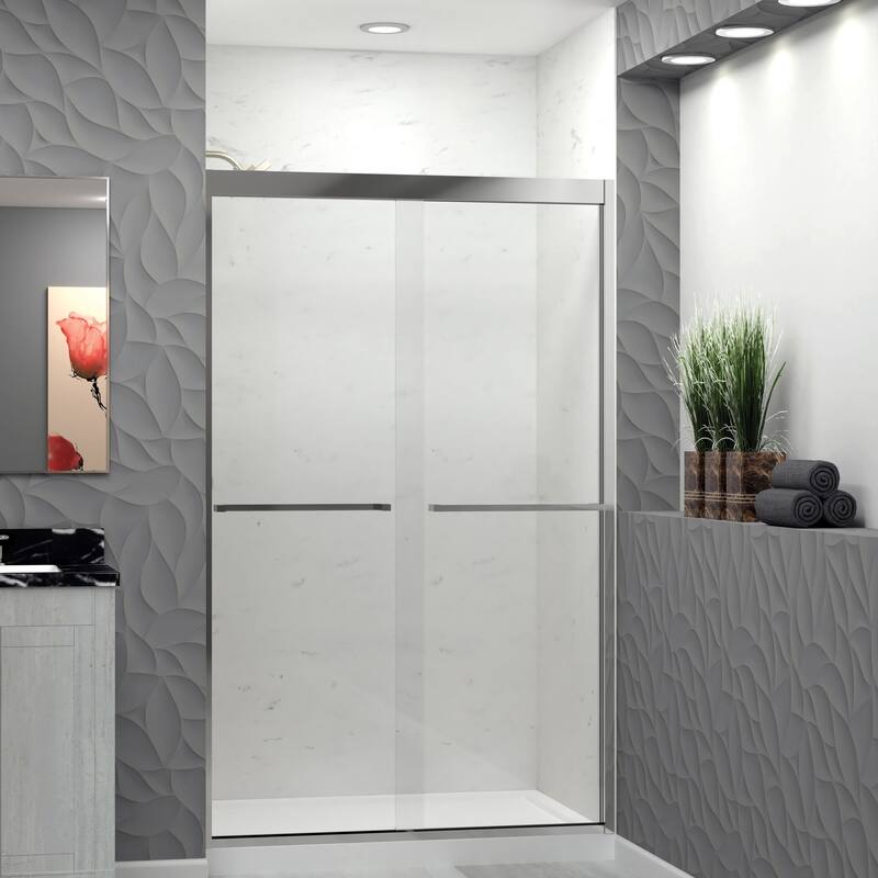 Frederick 47 in. W x 76 in. H Sliding Semi-Frameless Shower Door in Brushed Nickel with Clear Glass - 48 x 76 - 48 x 76 - Polished Chrome