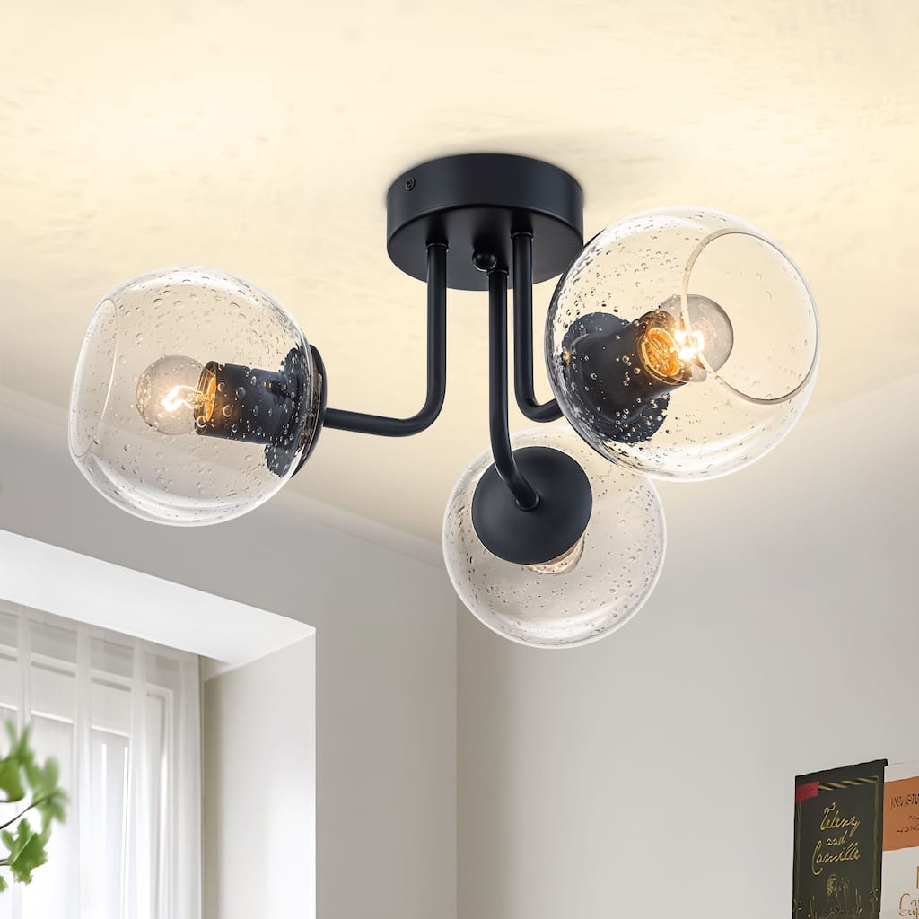 Starsky 3-Light Modern Sputnik Seeded Glass Globes Semi Flush Mount Ceiling Light