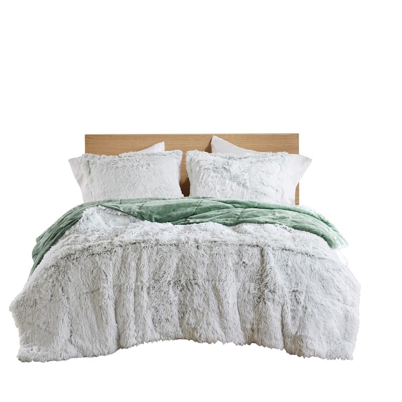 3 PCS King/Cal King Shaggy Faux Fur Comforter Mini Set Green/White