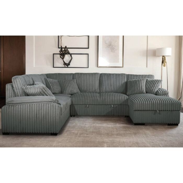 U-Shaped Sectional Sofa Bed with Storage Chaise and Pillows, Corduroy Fabric Convertible Right Facing Sofa
