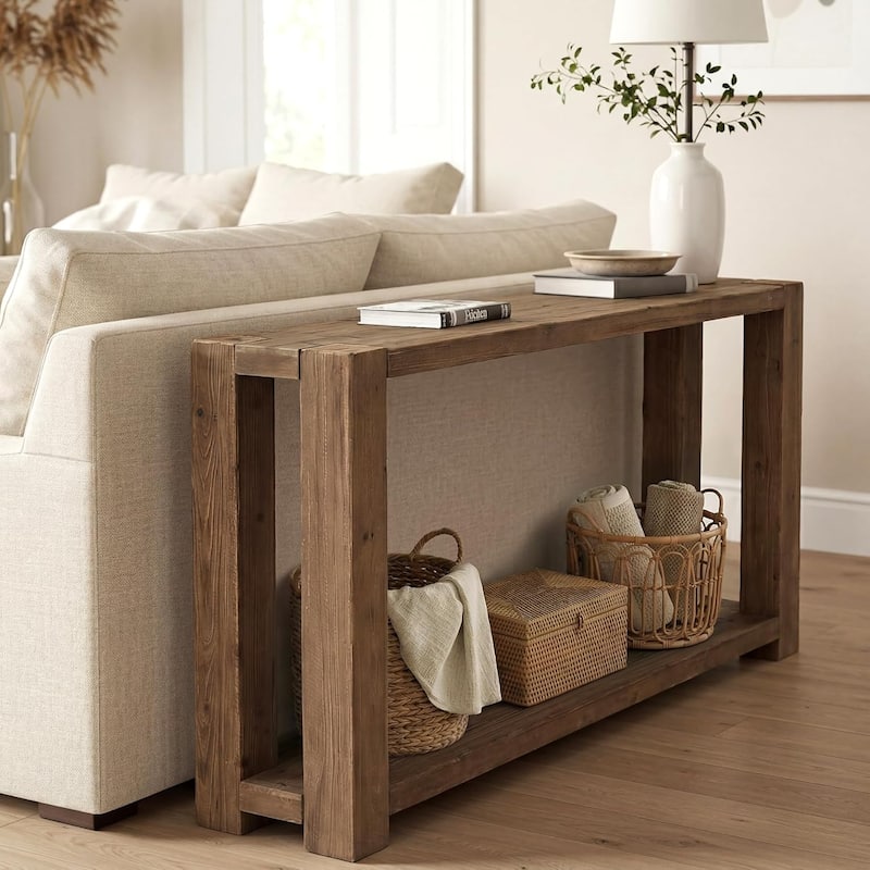 63-Inch Solid Wood Console Table, 2-Tier Farmhouse Rustic Entryway Table with Open Shelf - 11.81" W x 62.99" L x 31.5" H