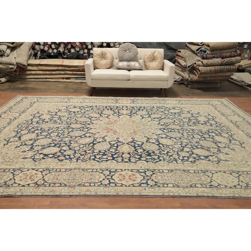 Hand Knotted Oriental 100% Wool Carpet Traditional Floral Navy Blue & Blues Kerman Area Rug - 13' 0'' X 9' 7''